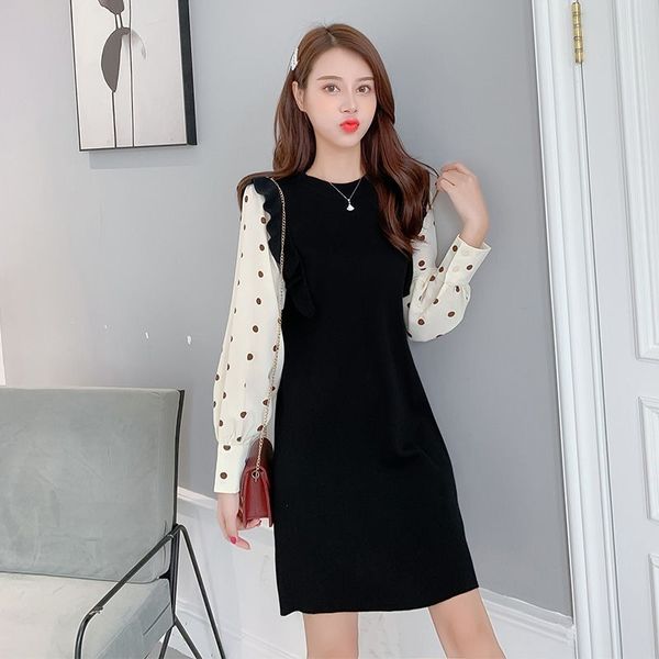 

polka dot knitted dress sweater women 2021 autumn korean warm long sleeve ruffle mini dress plus size laides dresses woman, Black;gray