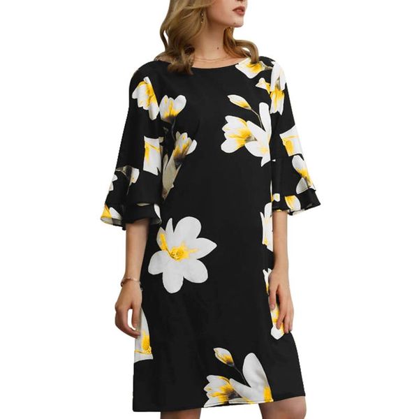 

casual dresses elegant women's summer dress fashion floral print o-neck short sleeve pleated ruffles boho beach straight loose mini, Black;gray