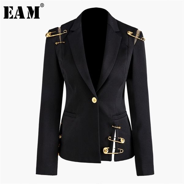

[eam] loose fit black hollow out pin spliced jacket lapel long sleeve women coat fashion spring autumn jz500 210914, Black;brown