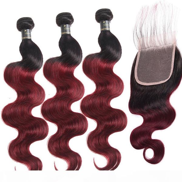

ombre peruvian body wave virgin hair bundles with closure 3 bundles with lace closure dark roots t1b 99j human hair, Black;brown