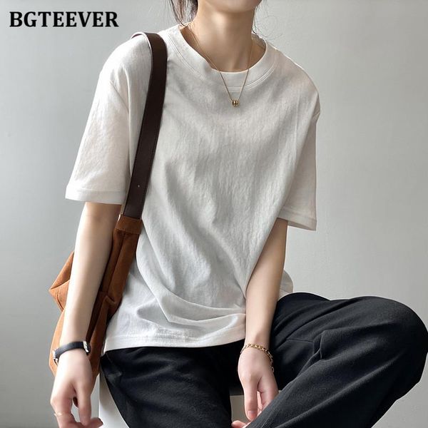 

women's t-shirt bgteever 100% cotton o-neck solid t-shirts for women 2021 spring summer short sleeve loose female tees casual ladies, White