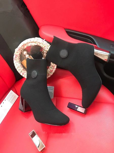 2021 Kadın Tasarımcı Çizmeler Siluet Ayak Bileği Boot Siyah Haki Martin Patik Tıknaz Topuk Kumaş Botları Çorap Sonbahar Kış Kadın Ayakkabı 35-40 Yüksek Topuklu 6 cm Kutusu