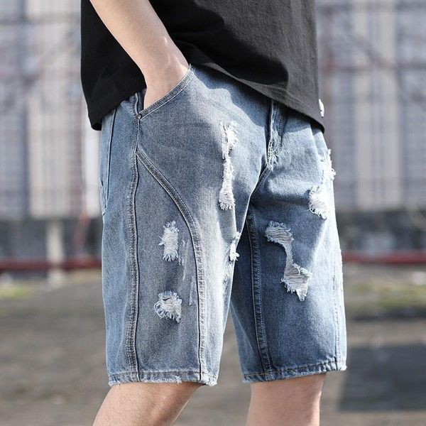 

men's jeans denim vintage shorts men loose casual straight knee-length pants hole ripped washed light blue short plus size 28-42
