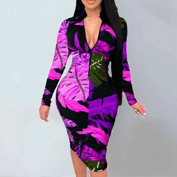 

elegant deep v-neck zipper bodycon midi party dress women vintage printed fashion casual long sleeve dresses female vestidos, Black;gray