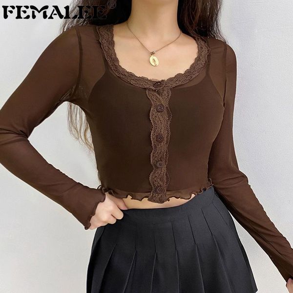 

women's t-shirt femalee y2k women frilled t shirt see through lace transparent mesh long sleeve sheer slim ladies cardigan, White