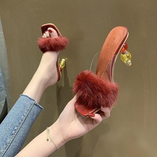 

new slipper shoes women high heels dress high-heeled stiletto platform slippers transparent crystal wedding banquet size 42, Black