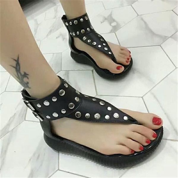 

sandals rivets studded women genuine leather flip flops casual flat shoes woman thick sole summer beach flats ladies sandal, Black