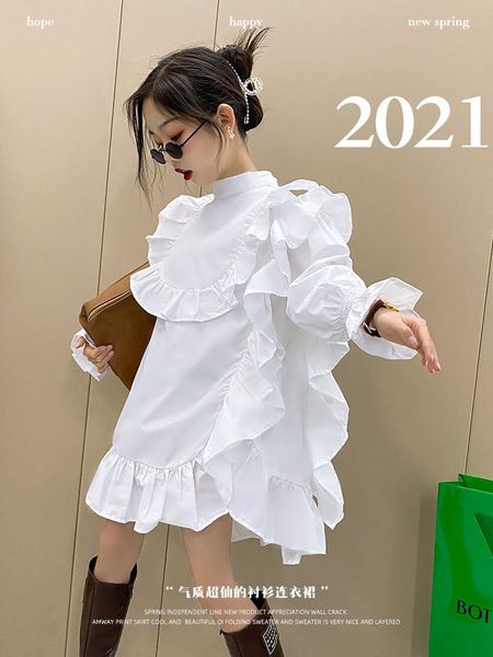 

girl's dresses girls dress 2021 spring middle-aged children design sense irregular lotus leaf side fairy tide, Red;yellow