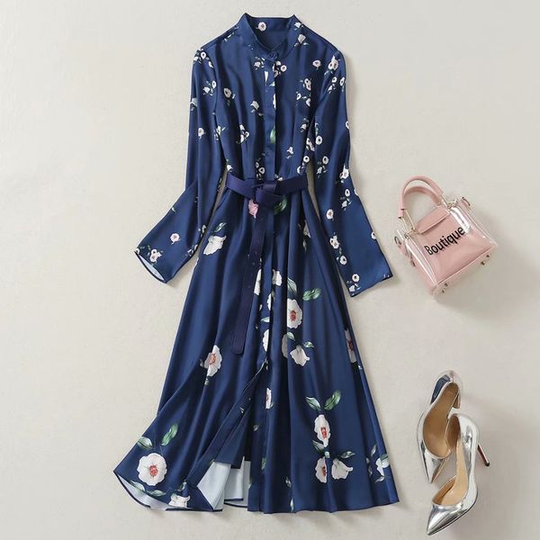 

1013 xl 2021 spring summer a line same style dress mid calf womens clothes lapel neck flora print jiani, Black
