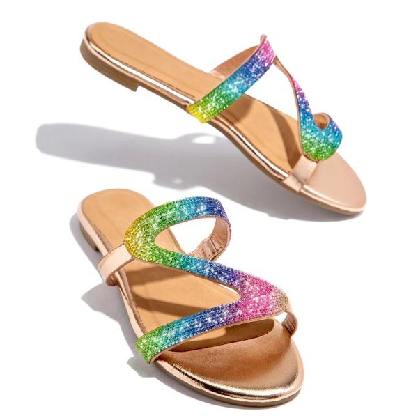 

slippers shining crystal s letter women casual shoes summer sandals beach fashion flat outside slides zapatos de mujer, Black