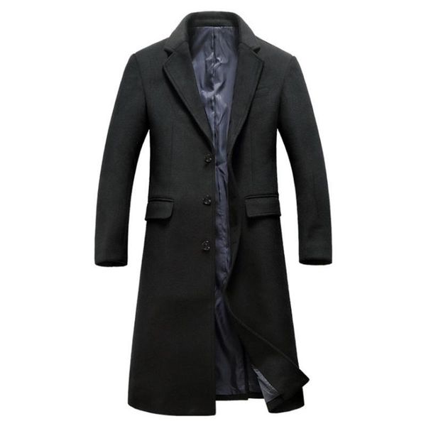 

men's wool & blends winter woolen coat men fashion x-long trench single breasted slim fit windproof jacket british style male, Black