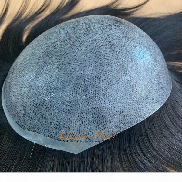 

straight india human hair invisible thin skin mens toupee pu injection knots hair system and hair patch, Black