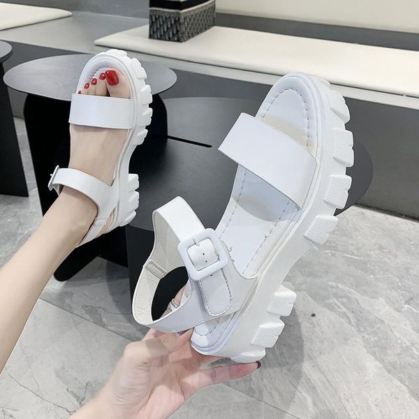 

height increasing platform sandals women buckle white comfortable woman 6cm thick sole beach summer fashion shoes, Black