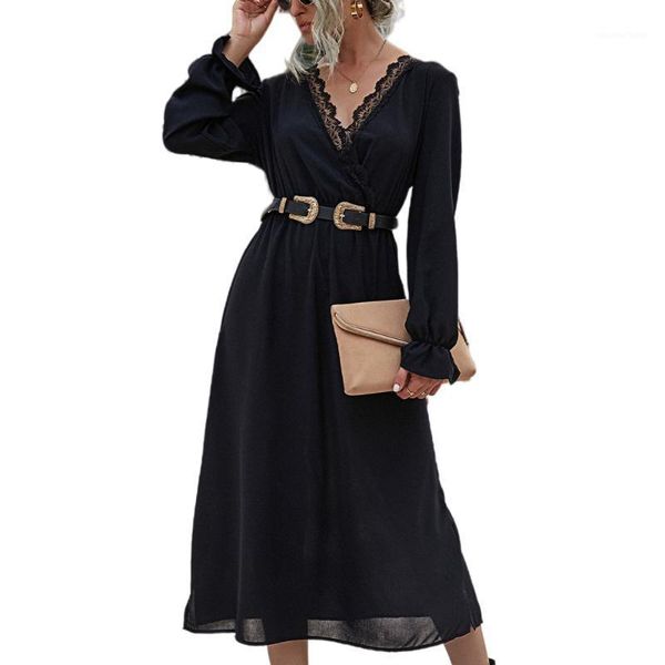

cofekate dresses for women lace v neck long sleeve vestidos plain mid casual holiday party ladies dress, Black;gray