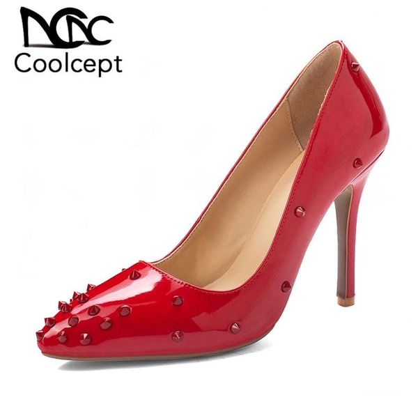 

dress shoes coolcept women pumps club dance thin high heels for party pointed toe slip on pattern lady footwear size 34-43, Black