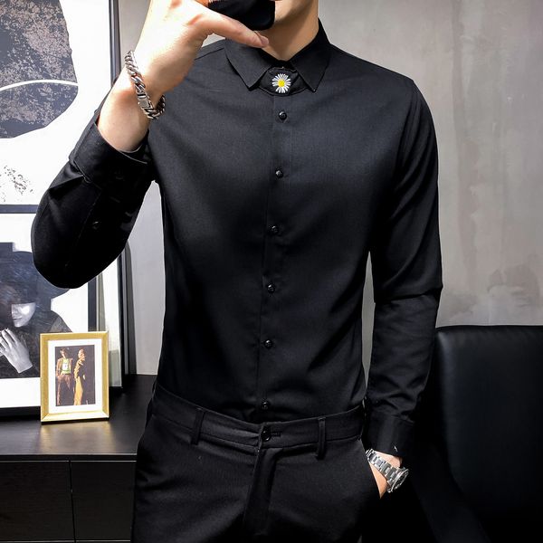

british style little margarida camisa de men's fashion 2021 from long men wear slim fit prom night club smoking black/white/bege wo0k, White;black
