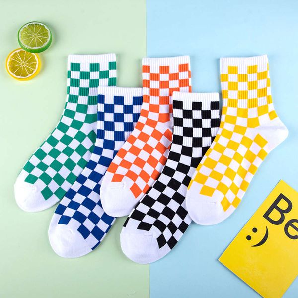 

autumn and winter new checkerboard socks tide br versatile lovers orange blue green black white lattice