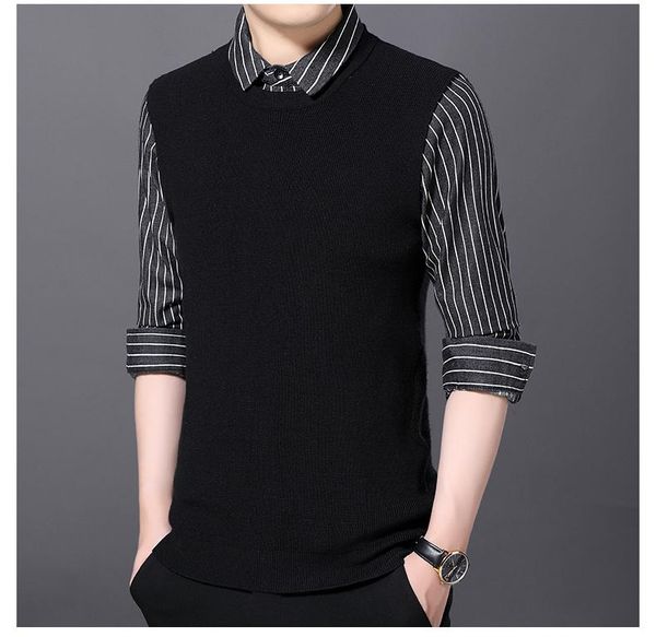 

man fashion shirt collar sweater autumn winter fake two-piece thick sweaters male casual patchwork jumper pullovers, White;black
