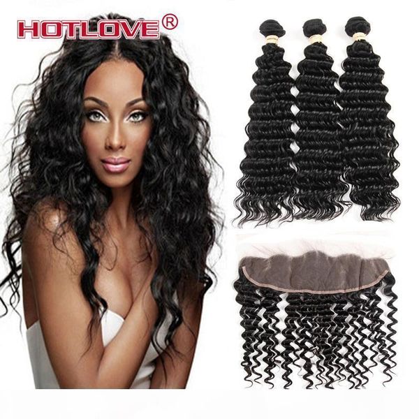 

ove mongolian deep wave 3 bundle hair with lace frontal 13*4 inch natural black no shedding no tangle grade 8a good hair, Black;brown