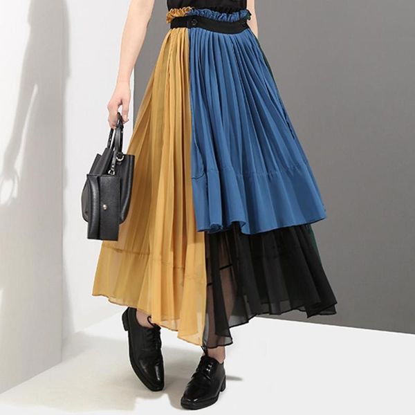 

skirts colorful chiffon maxi skirt women pleated elastic waist fashion high street hipster female vocation travel loose casual, Black