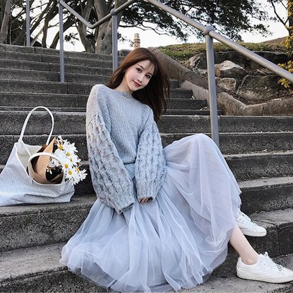 

2021 new women autumn winter loose knitted sweater + sequin mesh sets female tassel o-neck pullovers skirt suit ep9u, White