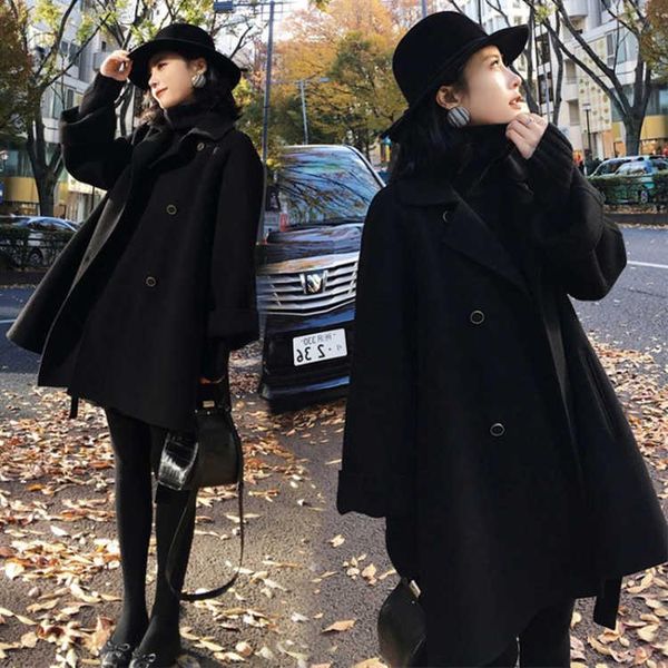 

women's wool & blends autumn winter coat for women chic casual mid-length woolen female loose long sleeve turn down collar warm coats l, Black
