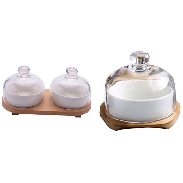 

bowls 2 set ceramic fruit plate snack cake dessert bowl glass cover with tray, a & b