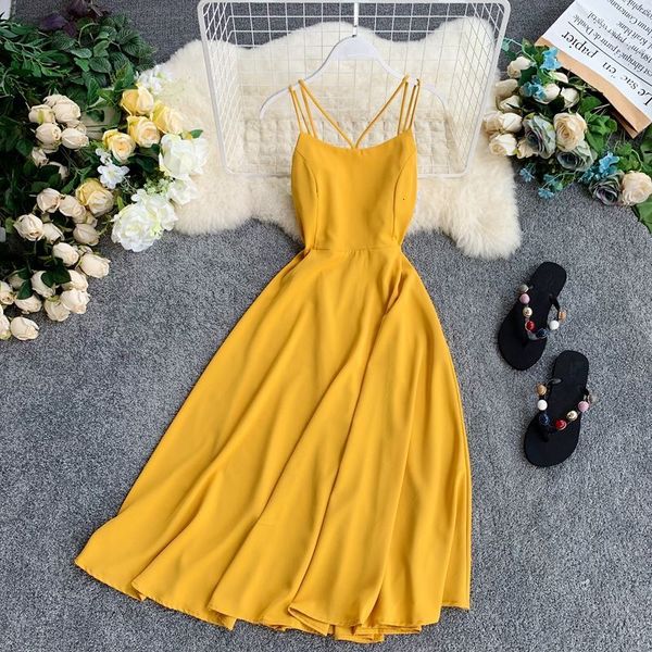 

female fashion 2021 new summer wear halter double sling waist dress was thin on the knee dressed r66t, Black;gray