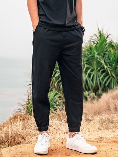 

men slant pocket solid pants 76mn#, Black