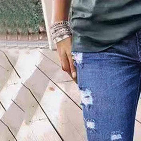 

christmas jeans woman long pants new fashion snowman print ripped jeans plus size loose long trousers ship, Blue