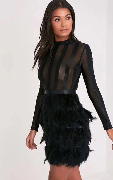

casual dresses celebrity fashion black white long sleeve hollow out feather bandage dress evening party, Black;gray