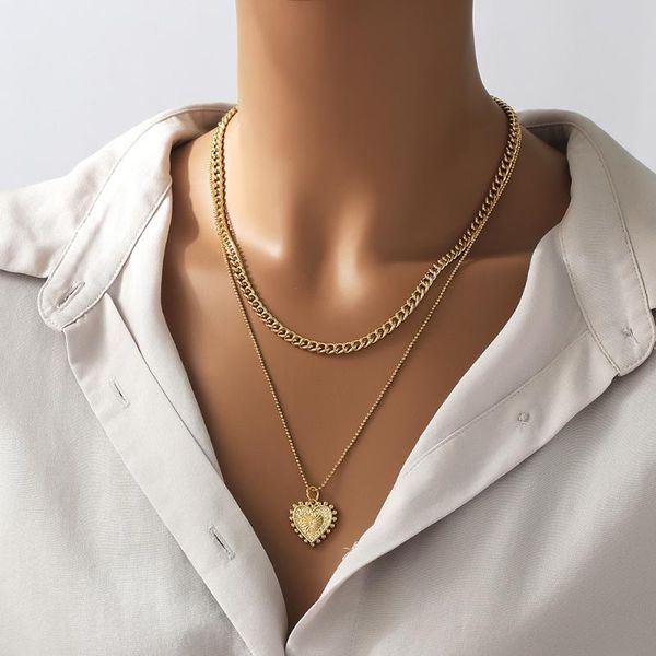 

chains multi layered heart pendant necklace gold chunky thick chain hexagon circle geometric necklaces for women jewelry 2021, Silver