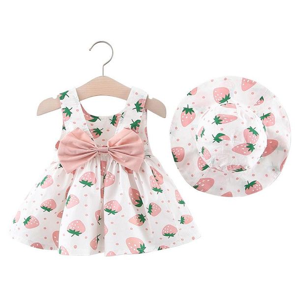 

girl's dresses born princess dress+sunhat 2pcs girl beach dress printed strawberry bow costume for birthday year baby clothes, Red;yellow