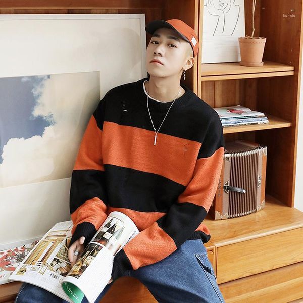 

winter sweater men warm fashion contrast color casual o-neck pullover streetwear loose striped male clothes men's sweaters, White;black