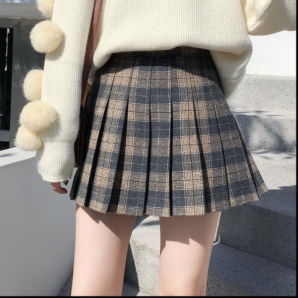 

new arrivals plaid wool pleated skirt female 2019 winter high waist vintage woolen school mini skirt women, Black