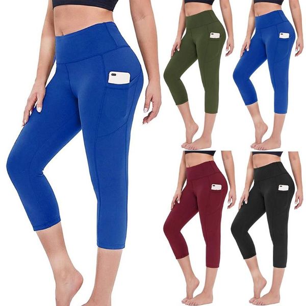 

calf-length yoga running legging sport pants women fitness gym high waist legging girl sports pockets active pants, White;red