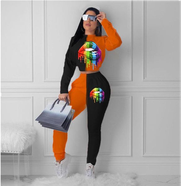 

2021 spring and summer women's leisure print long sleeve + elastic high waist printed trousers women's sports two piece set, White