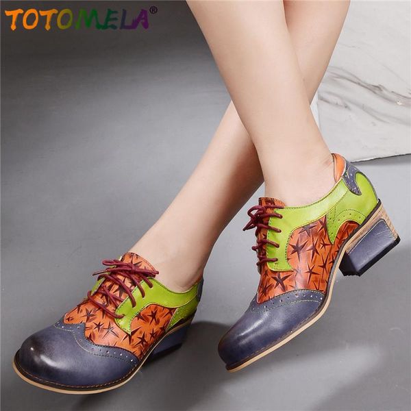 

dress shoes totomela genuine leather women lace up square heels spring summer ladies mixed color party female, Black