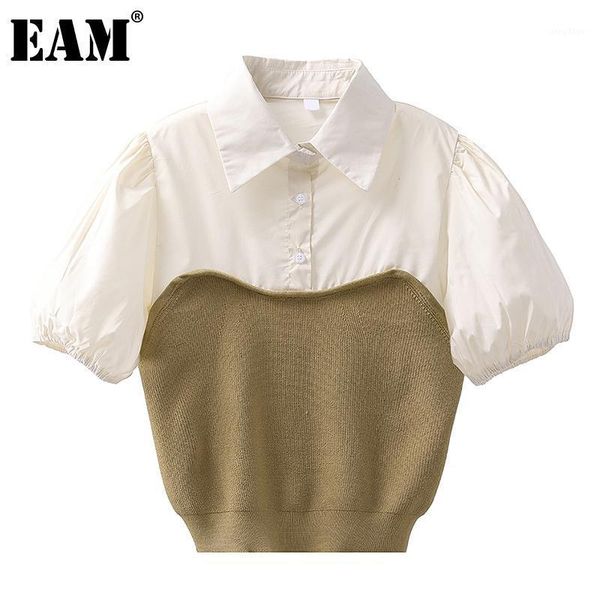 

[eam] women khaki spliced knititng blouse lapel short puff sleeve loose fit shirt fashion tide spring summer 2021 1dd7433 women's blous, White