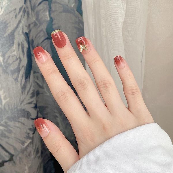 

false nails 24pcs butterfly nail patch gradient caramel color glue type removable short paragraph fashion manicure dl, Red;gold