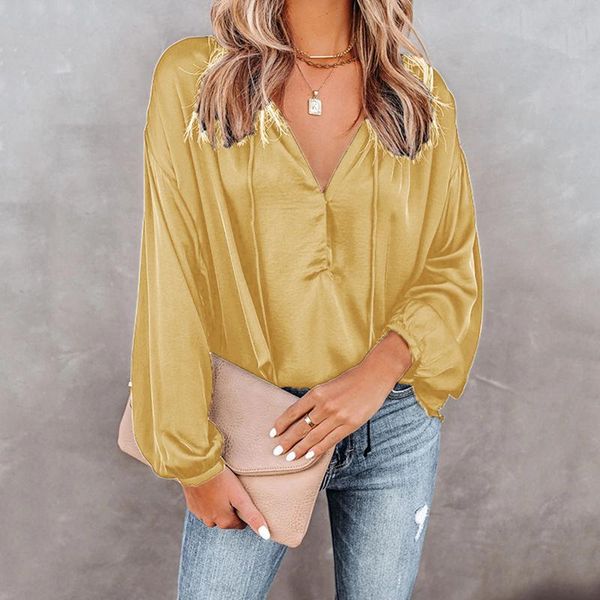 

women's blouses & shirts lantern long sleeve solid color women spring summer office lady elegant loose female drawstring fashion v, White