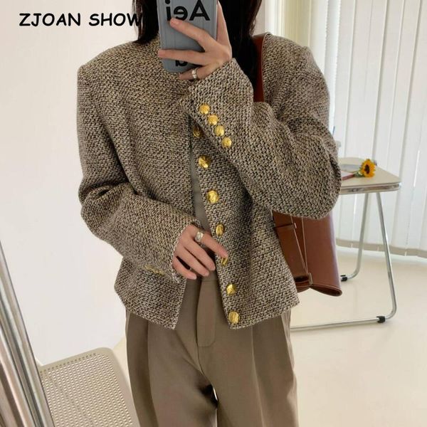 

women's suits & blazers 2021 autumn mix color stand collar tweed blazer vintage women center front buttons short suit sweet ladies coat, White;black