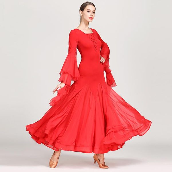 

stage wear 2021 1866 yarn puffy striped v neck latin dance dress women performance lotus design modern latino dancewear, Black;red