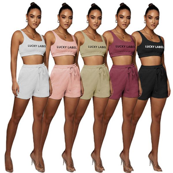 

womens letter embroidery tracksuits fashion trend sleeveless vest short drawstring shorts suits designer female casual u-neck 2pcs sets, Gray