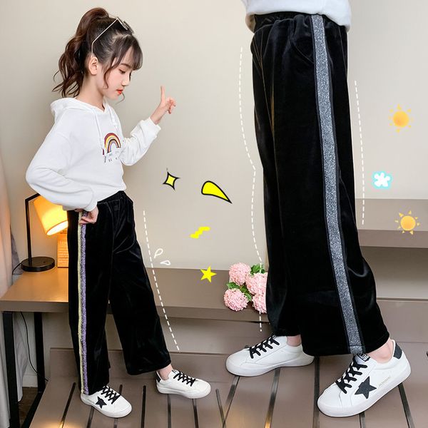 

2021 new winter macios veet gold shoes wide legs girls striped side cotton pants children 4-14 years jxcl, Blue