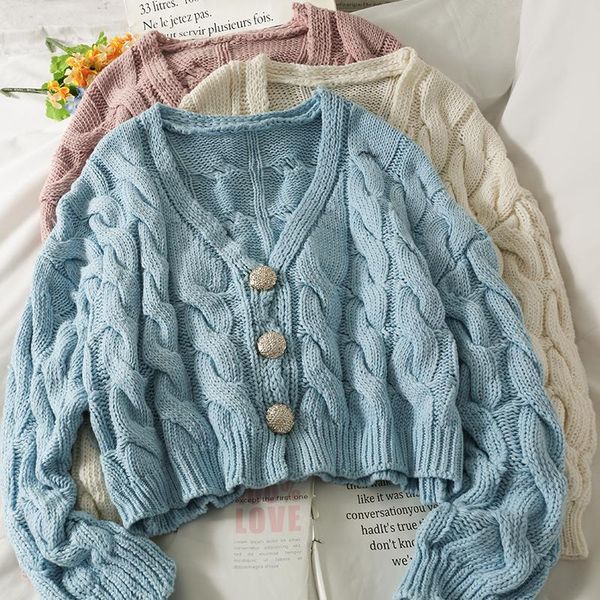 

women's knits & tees vintage twsit v-neck cardigans button long-sleeved sweater coat women autumn korean pure color loose cardigan jack, White