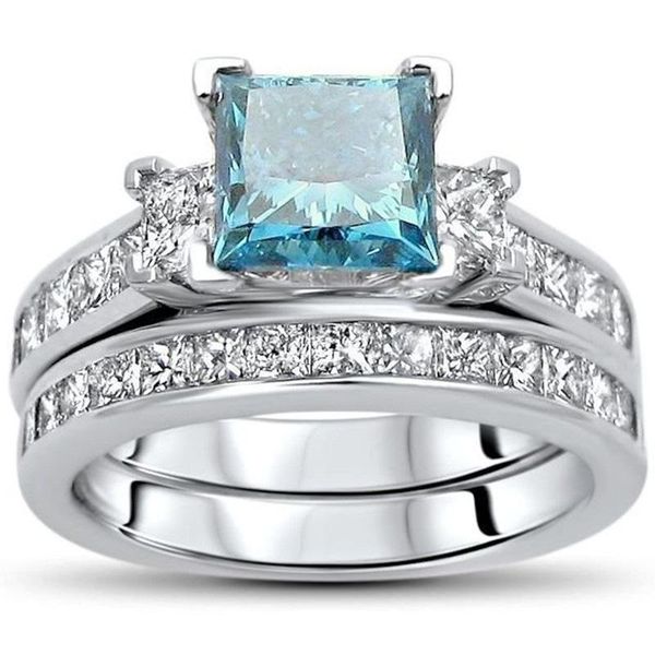 

wedding rings trendy male female aqua blue crystal ring charm silver color for women men cute square zircon engagement set, Slivery;golden