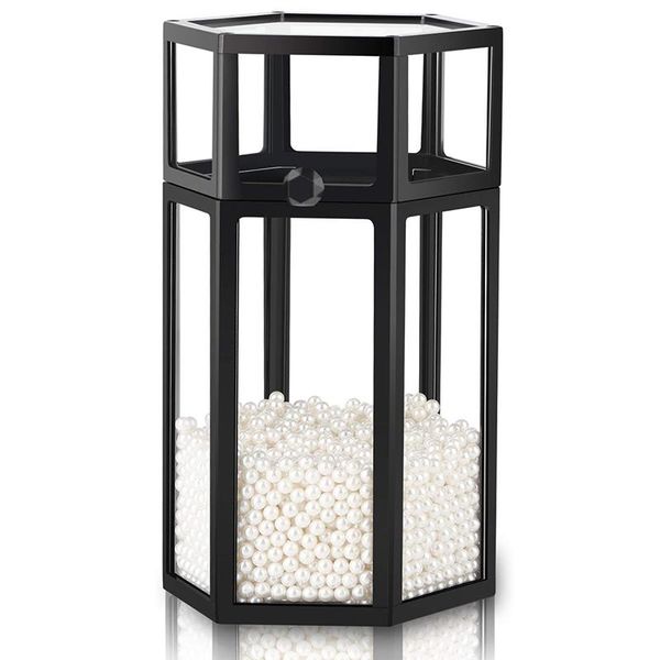 

glass organizer for makeup brush,8.46"black hexagon transparent cosmetic holder with lid,eyeliner display storage