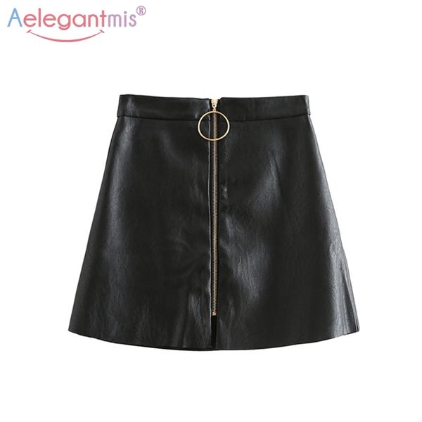 

aelegantmis spring summer casual pu leather skirt women elegant zipper mini a-line skirt lady skinny high waist skirts black 210303