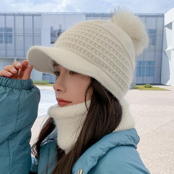 

beanies warm knitted woolen hat thick fur cap women autumn and winter all-match outdoor bib ear protection two-piece set